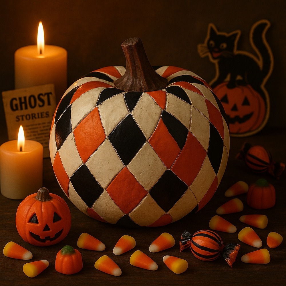 Vintage Black Orange White Hand Painted Harlequin Halloween Pumpkin Decor Fall - Picture 7 of 11